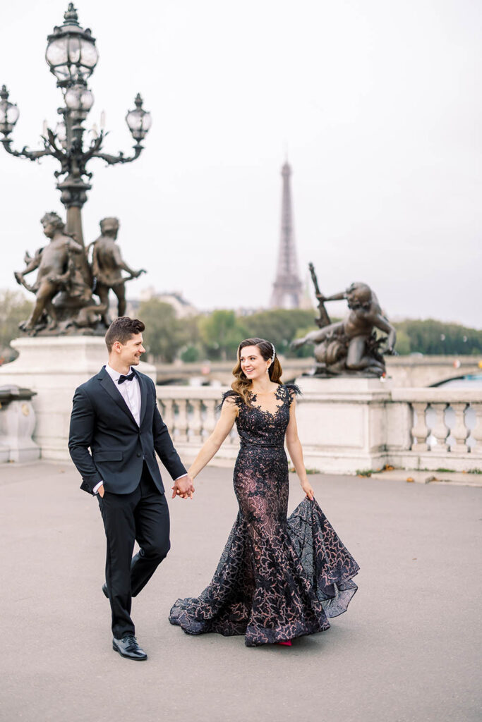 a bride wearing a Mac Duggal dress in Paris on her wedding day