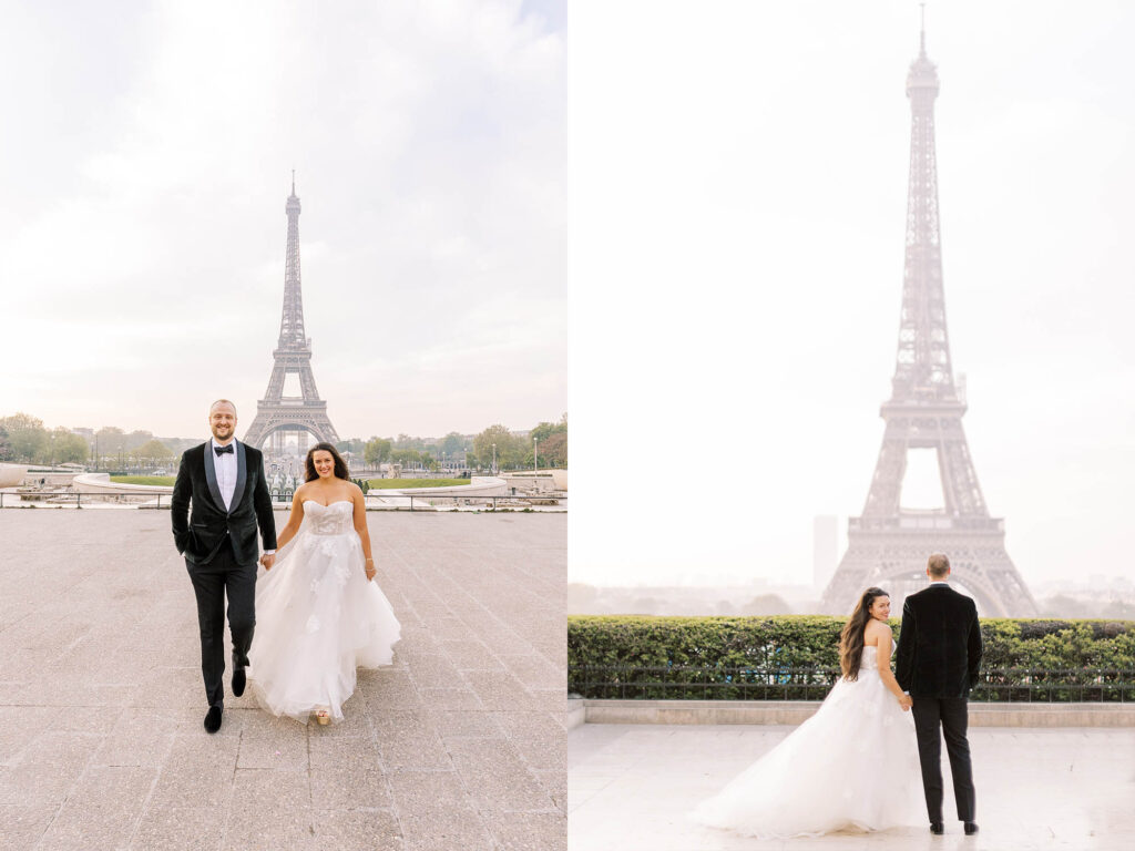 bride and groom eloping in Paris in front of the Eiffel Tower