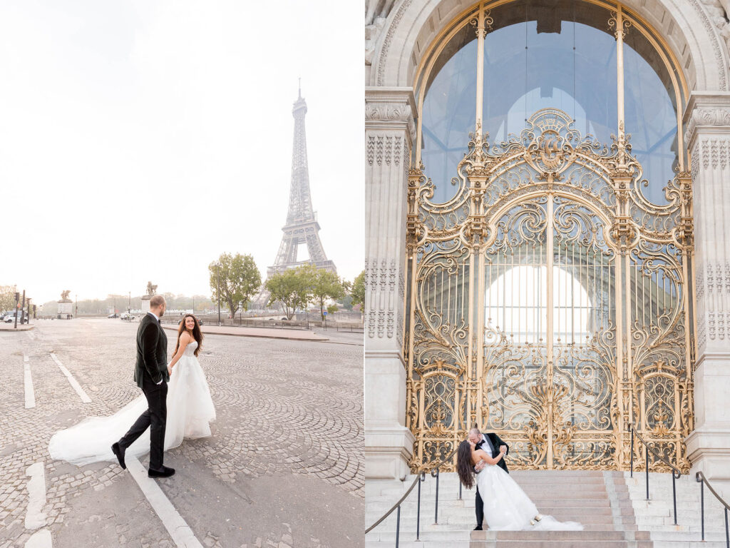 a romantic portrait of a couple in Paris in front of the Petit Palais